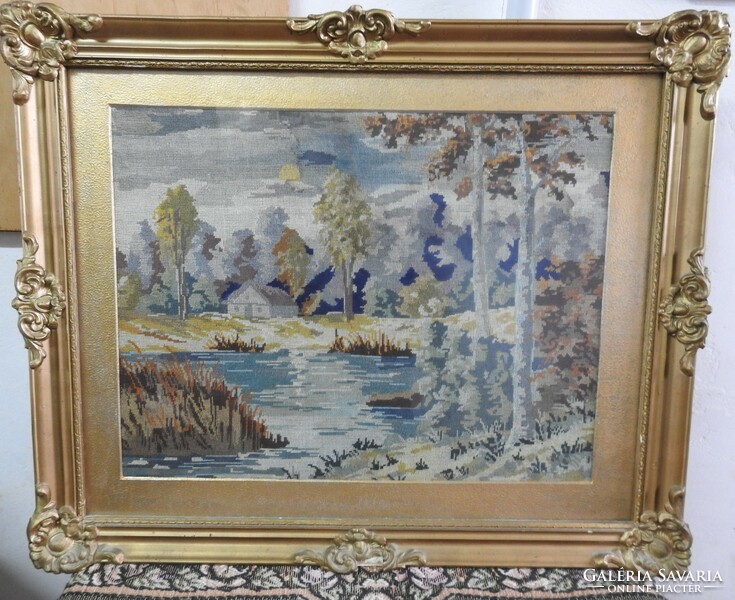 Antique tapestry landscape in blonde frame