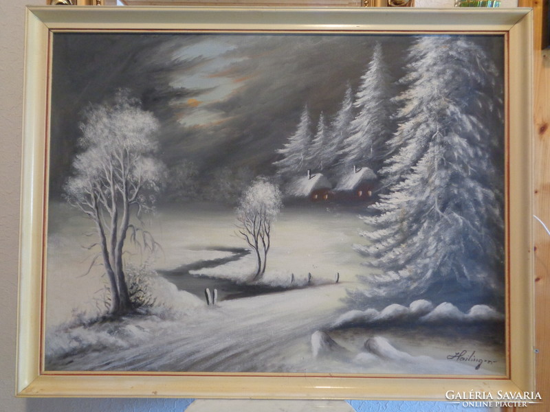 Sándor Hailinger (1921 - 1988) winter landscape at night oil on canvas, 80 x 60 cm, 90 x 40 cm with frame