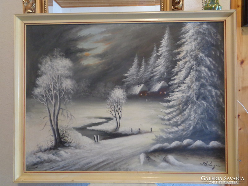 Sándor Hailinger (1921 - 1988) winter landscape at night oil on canvas, 80 x 60 cm, 90 x 40 cm with frame