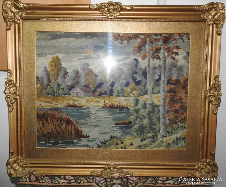 Antique tapestry landscape in blonde frame