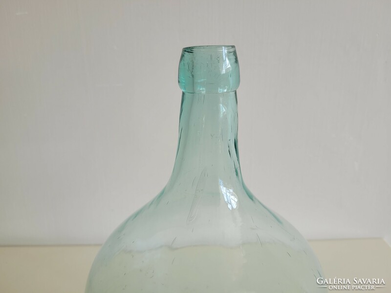 Régi nagy méretű 5 literes türkiz zöld huta üveg üvegpalack kúpos aljú ballon palack