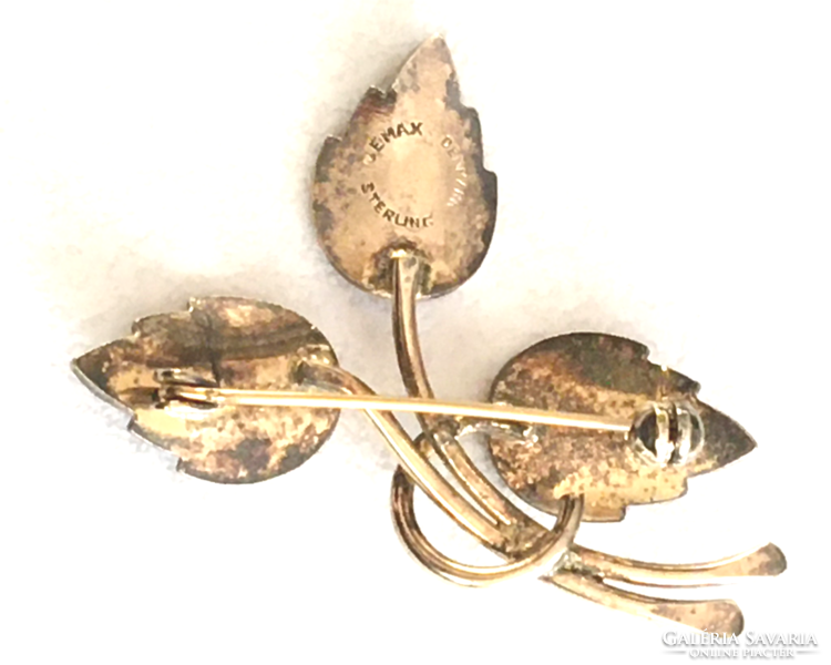 Art deco Danish silver enamel leaf brooch