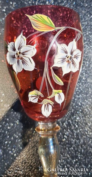 Bíbor színű virágmintás üvegpohár 9 db