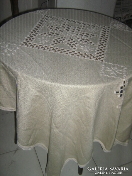 Beautiful elegant woven azure embroidered ecru needlework tablecloth