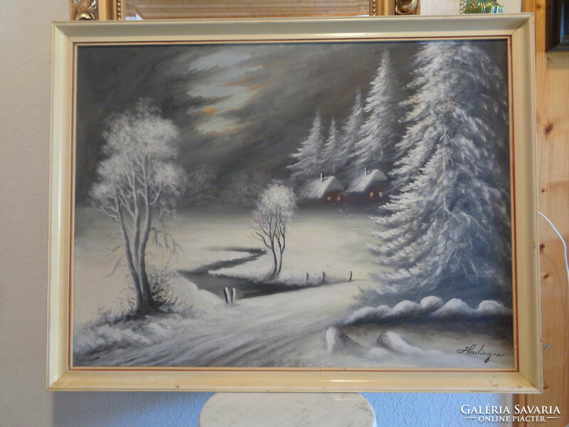 Sándor Hailinger (1921 - 1988) winter landscape at night oil on canvas, 80 x 60 cm, 90 x 40 cm with frame