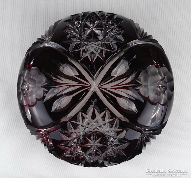 1N482 old huge burgundy polished crystal ashtray 20 cm 2.14Kg