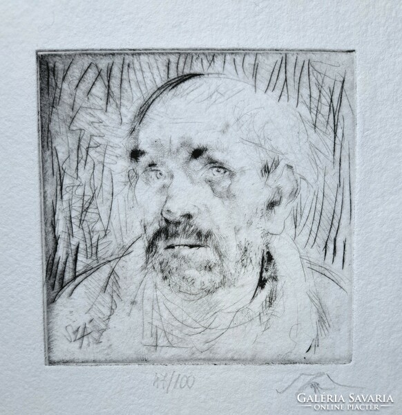 Etching by Andre Szasz on embossed paper - male portrait - numbered, signed