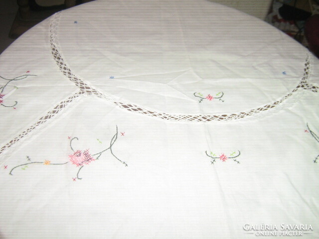 A huge filigree handwork tablecloth with beautiful thread embroidered flowers with lace inserts