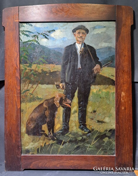 János Viski (1891-1987): hunter and his dog, 1921 (oil painting)