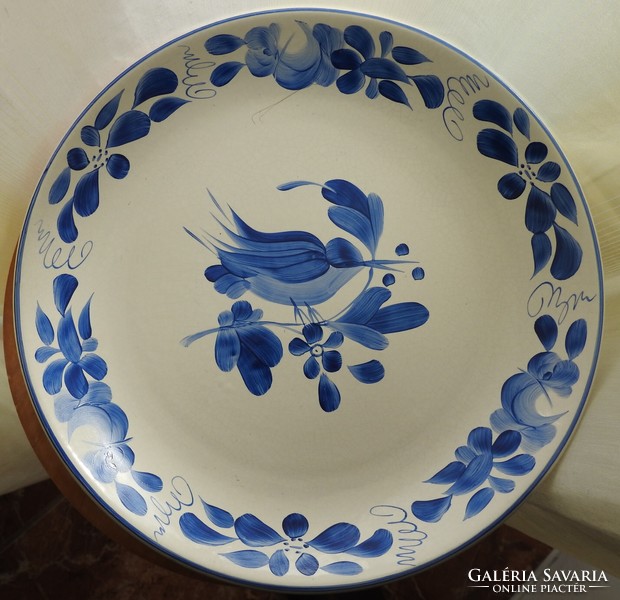 Kézzel festett jelzett kék madár mintás falitál - fali tányér