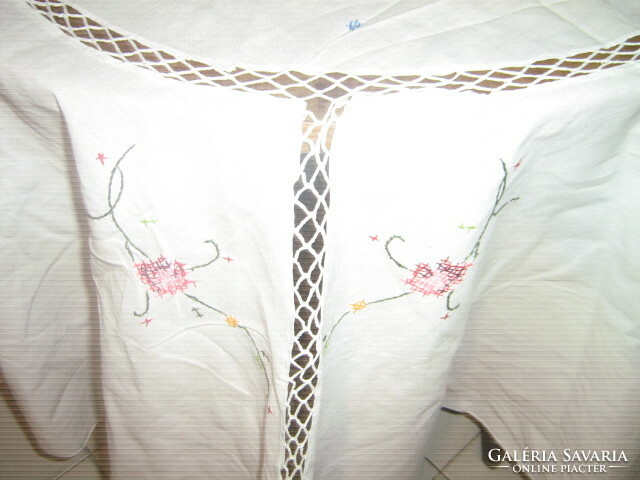 A huge filigree handwork tablecloth with beautiful thread embroidered flowers with lace inserts