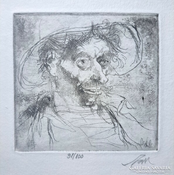 Etching by Andre Szasz on embossed paper - male portrait - numbered, signed