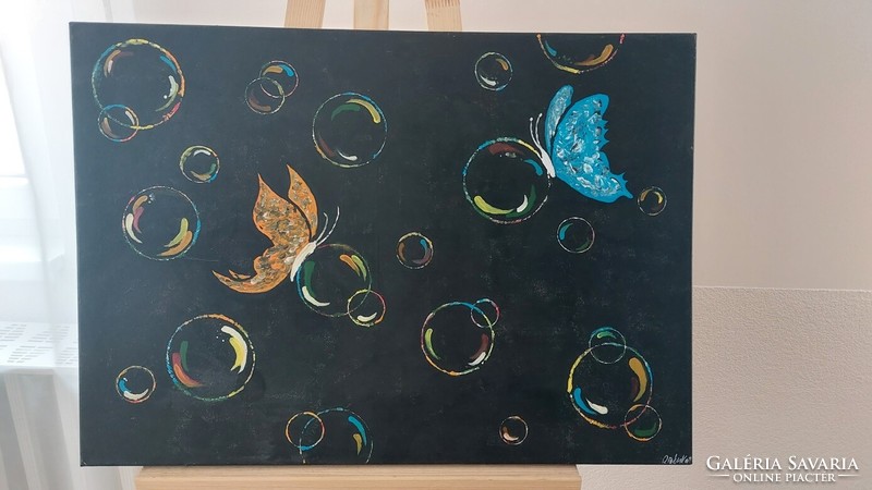 (K) Absztrakt festmény pillangókkal 50x70 cm