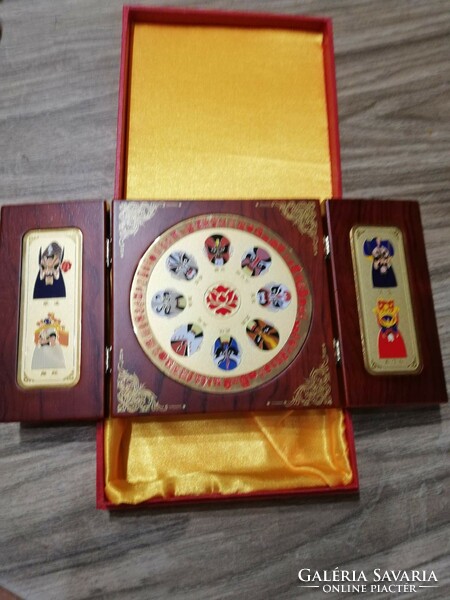 Chinese folding wooden screen masks, with enamel inlay, decorative box