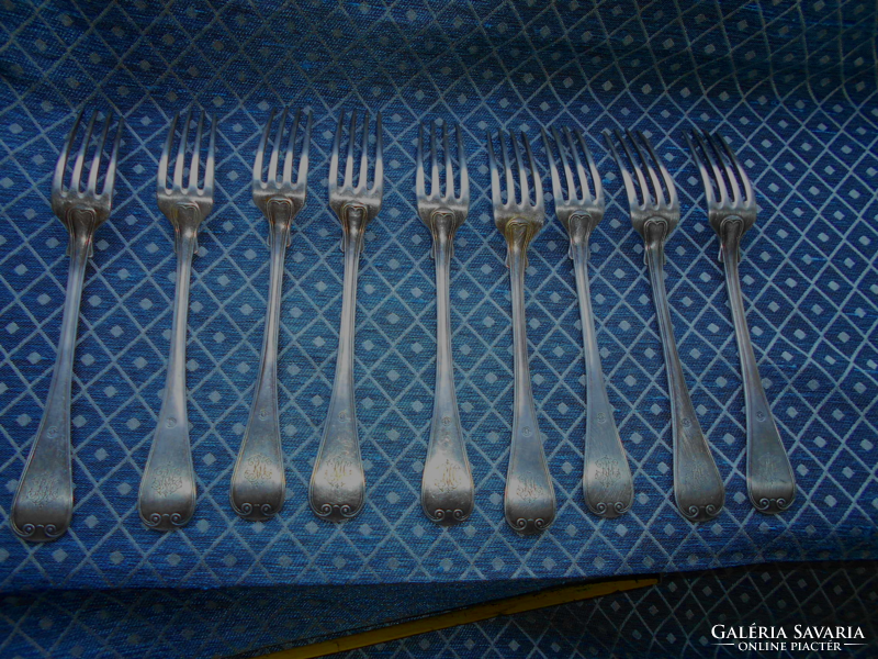 9 antique marked alpaca forks - beautiful goldsmith's work - with engraved monogram
