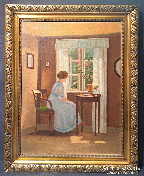 Girl at the window - old oil painting with frame