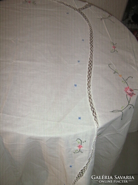 A huge filigree handwork tablecloth with beautiful thread embroidered flowers with lace inserts