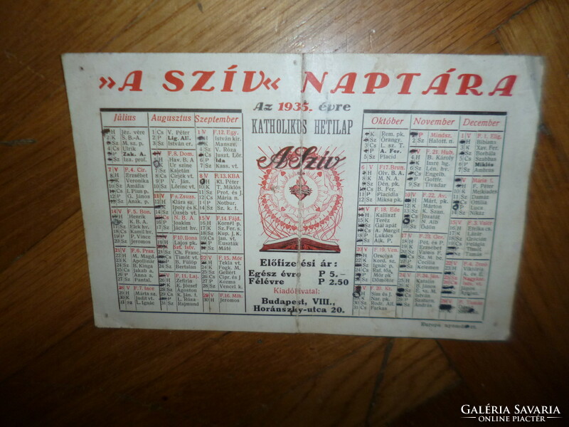 Régi papír naptár 1935 szív katolikus hetilap naptárja