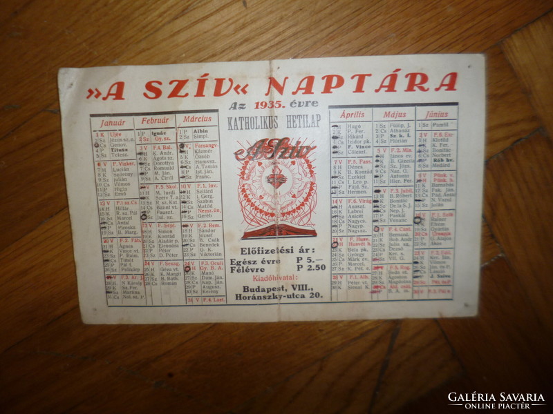 Régi papír naptár 1935 szív katolikus hetilap naptárja