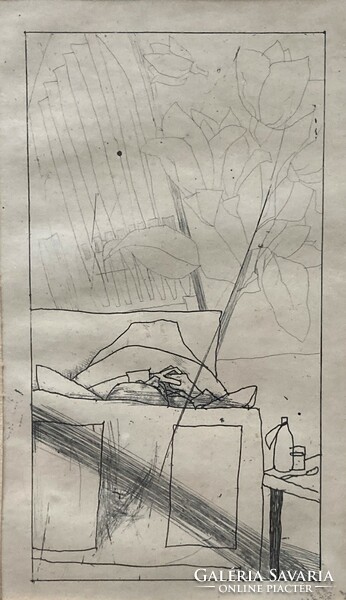 Béla Kondor (1931-1972): 16×8 cm etching, 1966