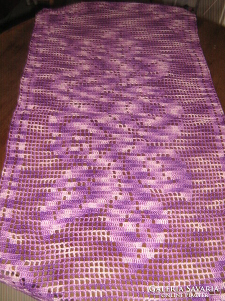 Beautiful hand-crocheted tablecloth with purple gradient and rose