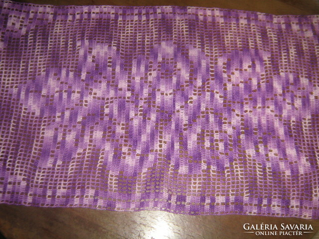 Beautiful hand-crocheted tablecloth with purple gradient and rose
