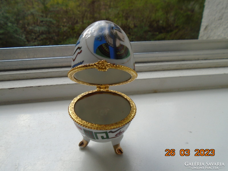 Fabergé egg-style jewelry holder with Egyptian patterns, gold-plated hardware