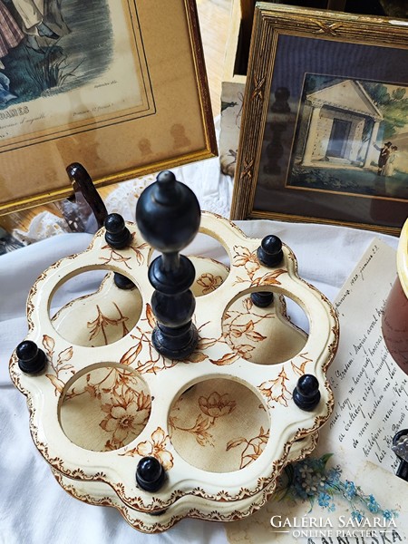 Antique French faience and wood tabletop spice rack with jars