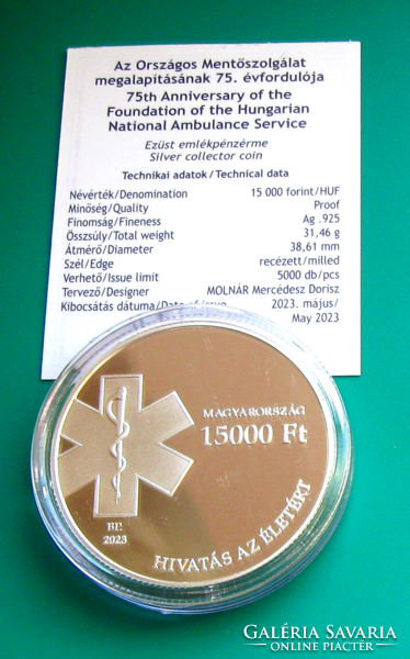 2023 - National ambulance service - silver HUF 15,000 commemorative coin, pp - certificate - with mnb description