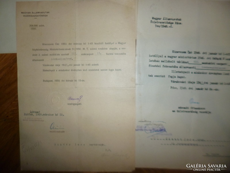 Régi máv vasút papír kinevezések 1947-1971