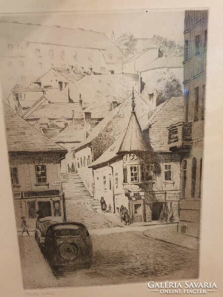 Pala street, etching, with a large laurent sign