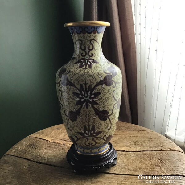 Old Chinese compartment enamel vase with wooden base