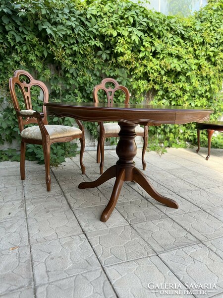 Antique style marquetry dining / meeting table with 4/6 upholstered armchairs