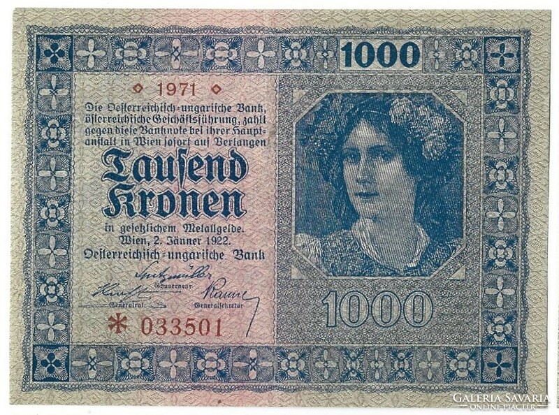 1000 korona kronen 1922 Ausztria aUNC