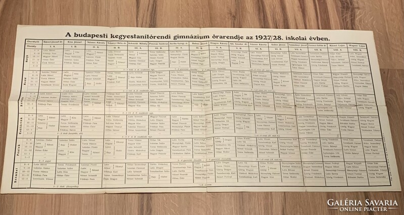 Gimnáziumi órarend 1927/28