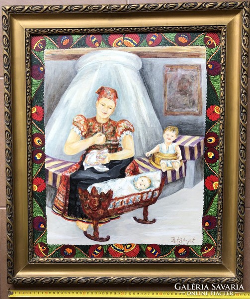 Margit Pető, writer, poet, naive painter: with the children of Ms. Matyó. Oil, wood fiber, in an antique frame.
