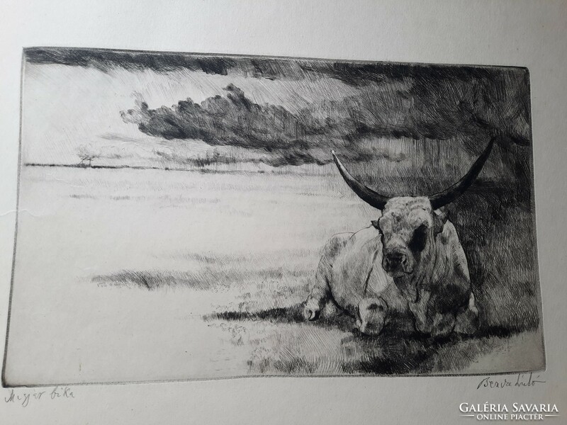 László Bencze: Hungarian bull - original marked etching