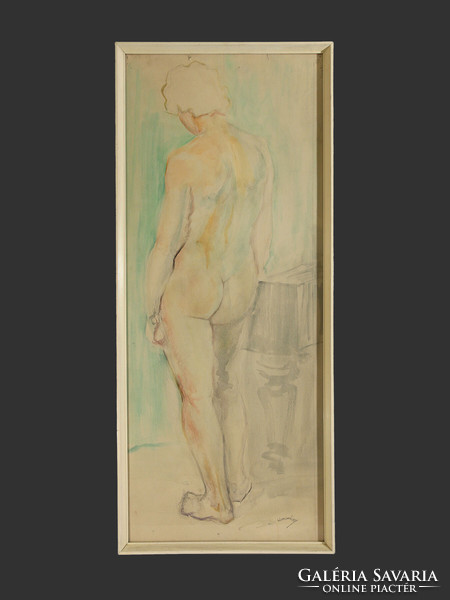 Lajos Komoróczy - back act 96x41cm 1940s watercolor paper | female male nude next to a piano