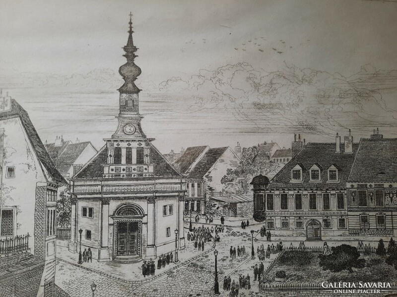 László Tuka: Bécsi kapu square - original marked etching - Budapest i. District, castle quarter street view