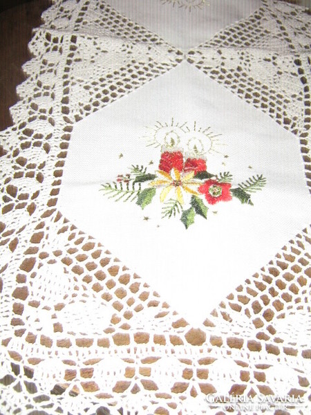 Beautiful hand crocheted machine embroidered tablecloth runner