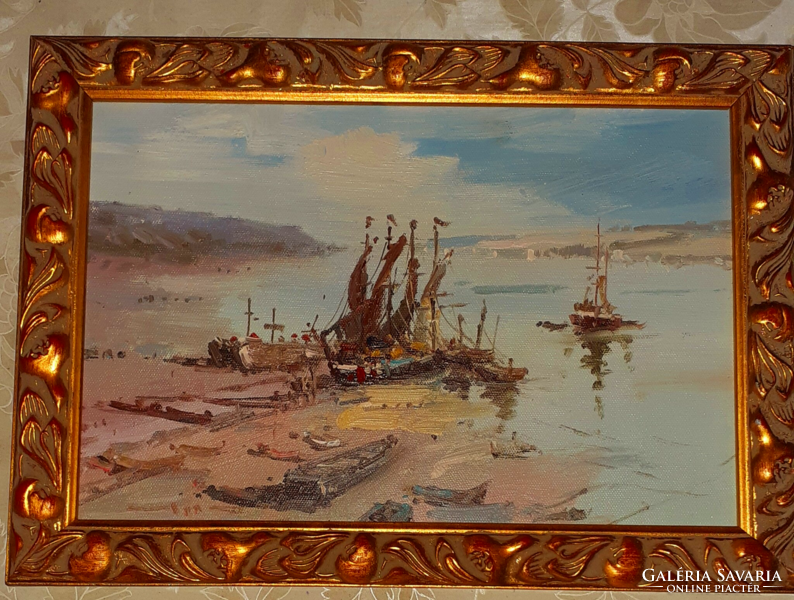 Ship picture with gilded wooden frame 35x25