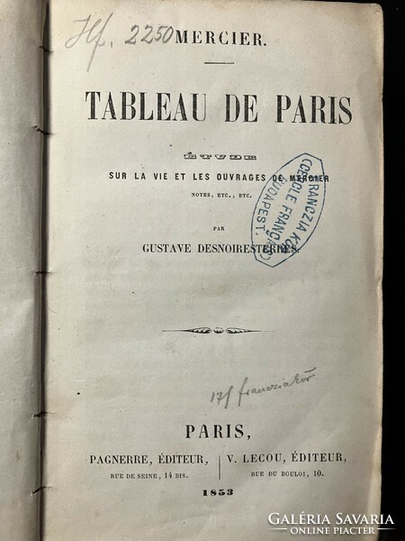 Tableau de paris. Etudes sur la vie et les ouvrages de mercier 1853 antique book in French