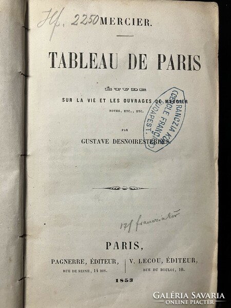 Tableau de Paris. Etudes sur la vie et les ouvrages de Mercier 1853 antik könyv francia nyelvű