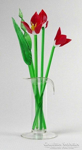 1M436 Régi muránoi fújt üveg virágok vázában 19 cm