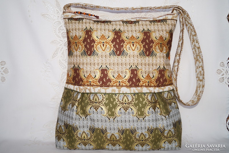 Large women's shoulder bag made of brown, green, gold, Indonesian printed material