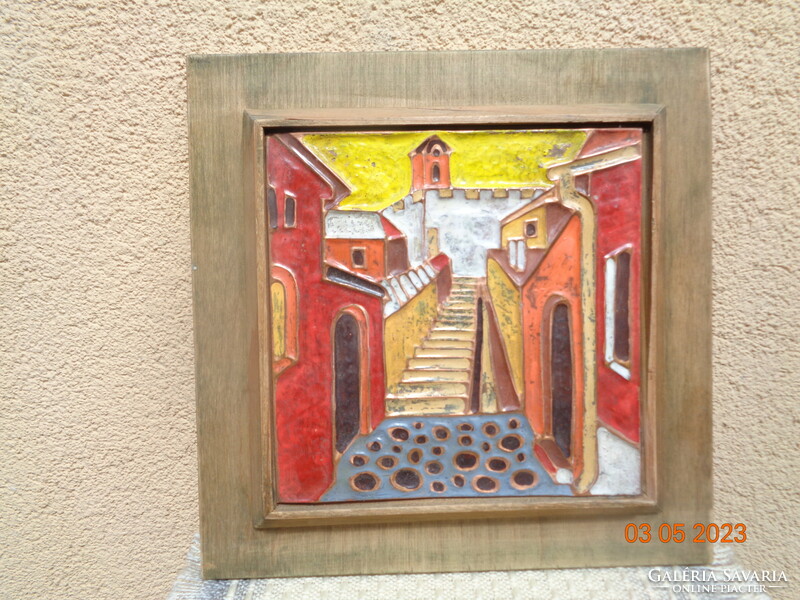 Enamel wall picture, on a copper base in a wooden frame