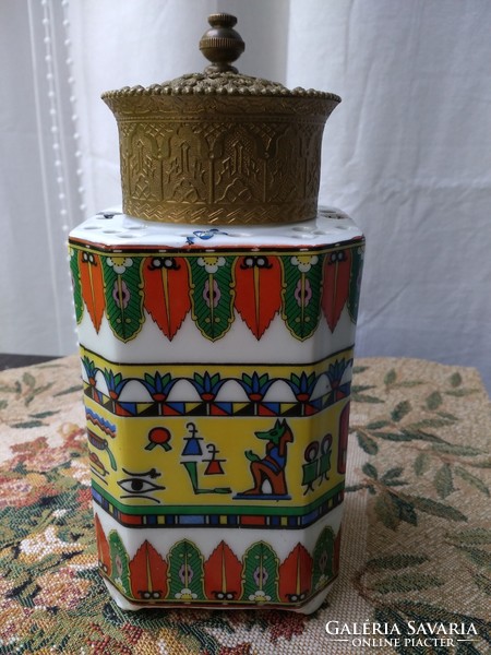 Antique German porcelain scent lamp decorated with an Egyptian theme, with a filigree copper top