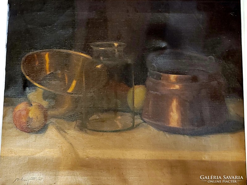 Molnár z. János (1880-1960) kitchen still life with copper cauldron and copper foam