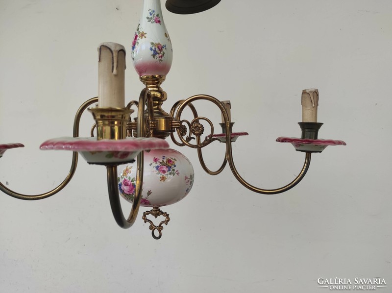 Antique 5-arm rose motif Flemish chandelier with porcelain insert + 5 new candles and bulbs 843 7410