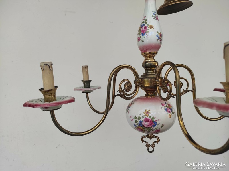 Antique 5-arm rose motif Flemish chandelier with porcelain insert + 5 new candles and bulbs 843 7410